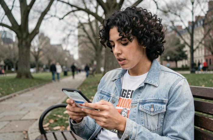 Jeune adulte accédant à son compte Mon Proxima sur téléphone portable dans un parc urbain