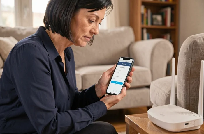 Femme accédant à l'interface de configuration 192.168.1.1 depuis son smartphone à côté du routeur