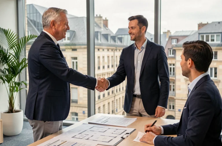 Agent immobilier et client signant un accord dans un bureau moderne au Luxembourg avec vue sur la ville