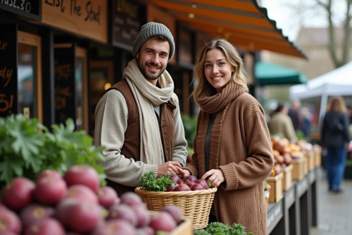 Couple qui achète des légumes frais de saison au marché local avec des sacs réutilisables, consommation responsable