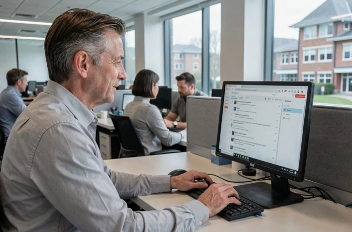 Administrateur académique gérant ses mails sur le webmail de Dijon dans un bureau moderne