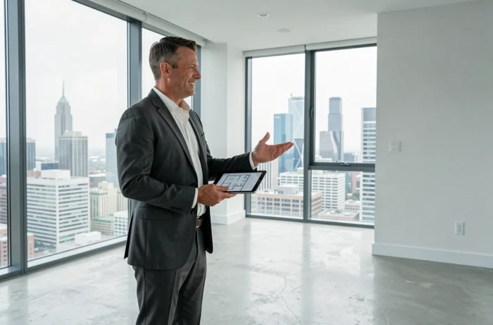 Agent immobilier présentant un appartement moderne avec vue sur la ville à un potentiel investisseur