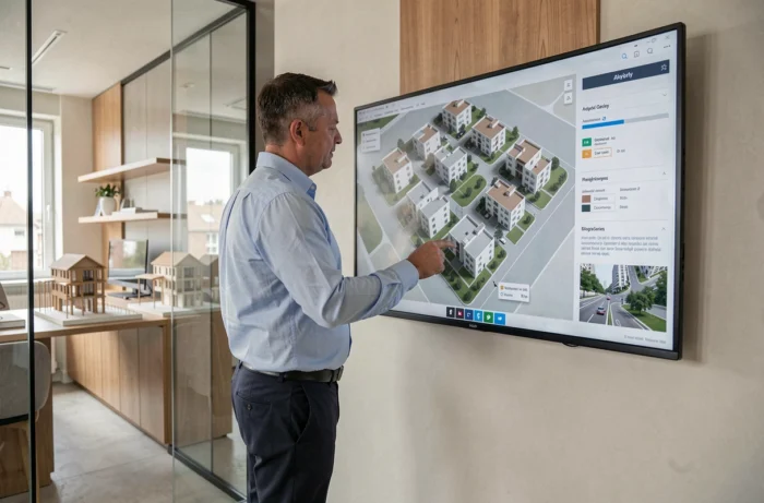 Agent immobilier naviguant sur un plan de site numérique interactif d'un complexe résidentiel