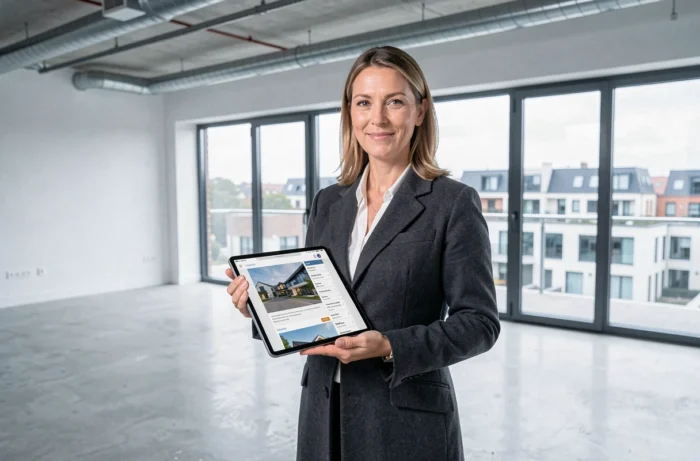 Agent immobilière présentant des biens sur tablette dans un appartement moderne vide au Luxembourg