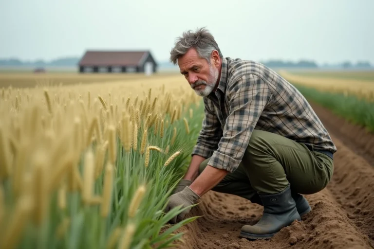 Agriculteur français inspectant ses cultures de blé dans un champ en France, thématique liée à l'utilisation du glyphosate en agriculture