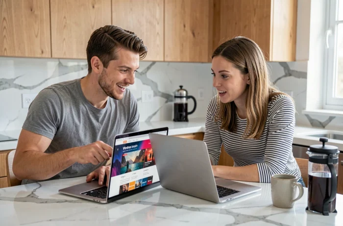 Deux amis comparant des alternatives à Tirexo sur leurs ordinateurs portables dans une cuisine moderne, discutant des meilleures plateformes de streaming disponibles