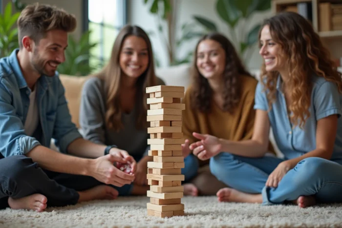 Groupe d'amis adultes concentrés sur une partie de Jenga dans un salon décontracté