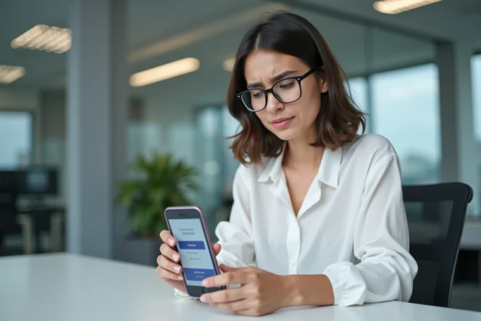Femme au bureau tenant un smartphone montrant un paiement PayPal refusé sur l'application mobile