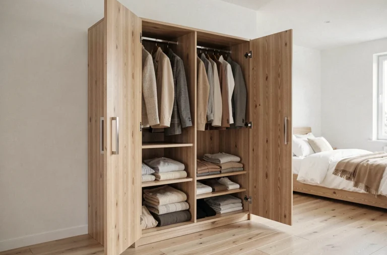 Grande armoire en bois ouverte révélant un rangement intérieur organisé dans une chambre de style scandinave