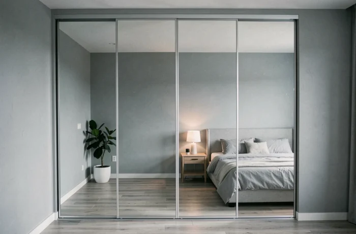 Armoire encastrée avec portes miroir coulissantes dans une chambre moderne, optimisant l'espace du sol au plafond