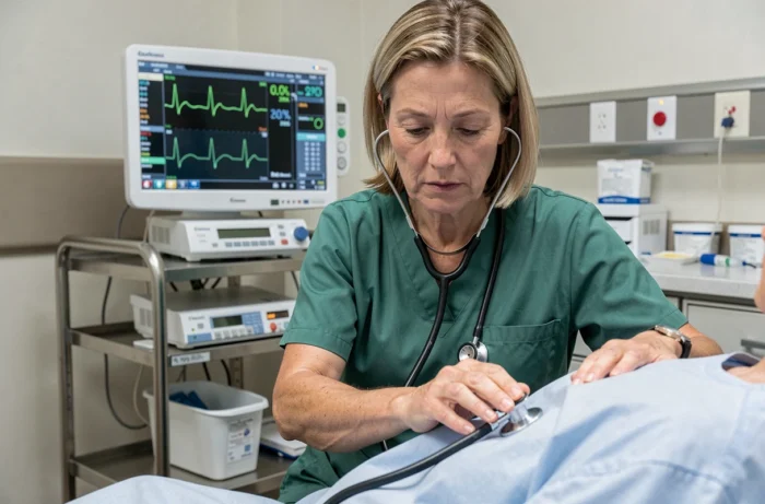 Médecin urgentiste auscultant un patient pour détecter des crépitants pulmonaires caractéristiques de l'œdème aigu pulmonaire cardiogénique