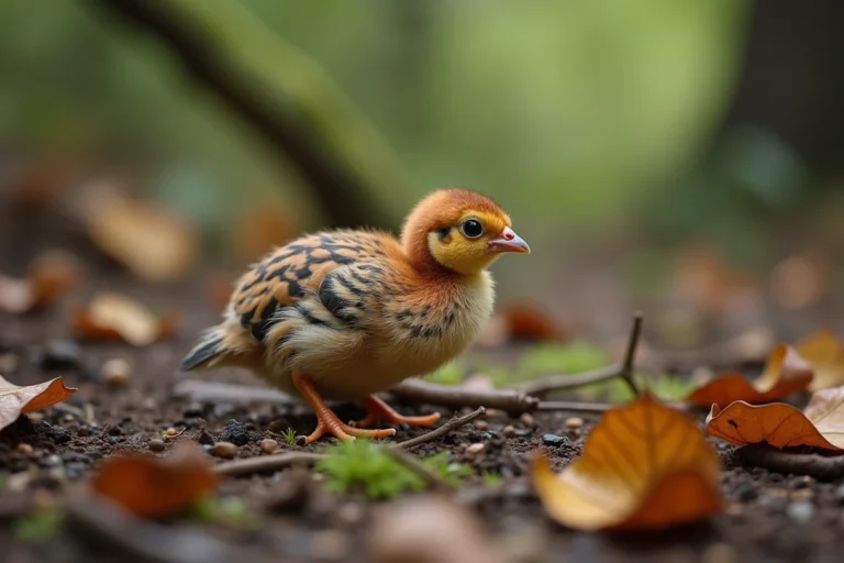 Bébé faisan nouvellement éclos avec des plumes duveteuses rayées brun et ambre, posé sur des feuilles mortes et de la mousse en forêt
