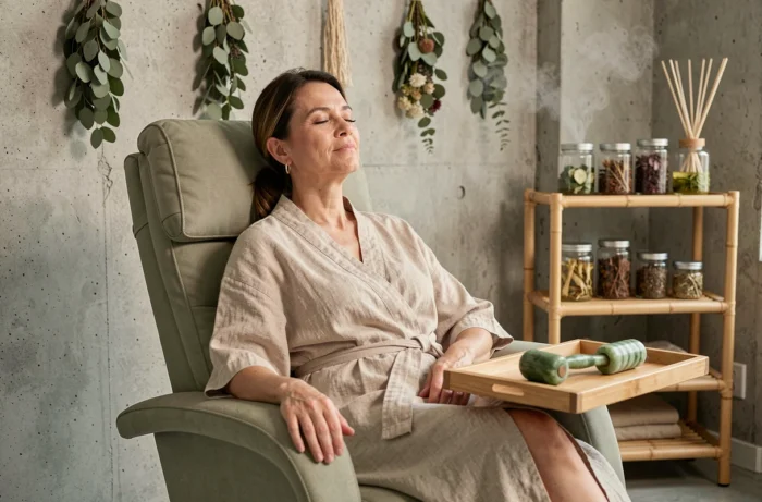 Femme en séance de bien-être holistique dans un institut de beauté minimaliste avec accessoires naturels
