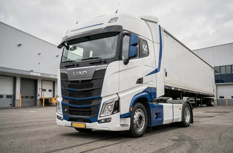 Camion semi-remorque moderne d'une entreprise de transport routier française stationné dans un hub logistique industriel