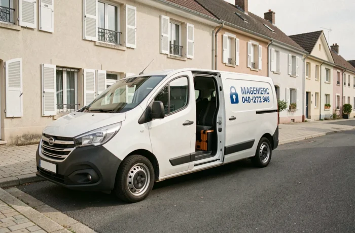 Camionnette d'un serrurier professionnel garée dans une rue résidentielle pour une intervention d'urgence
