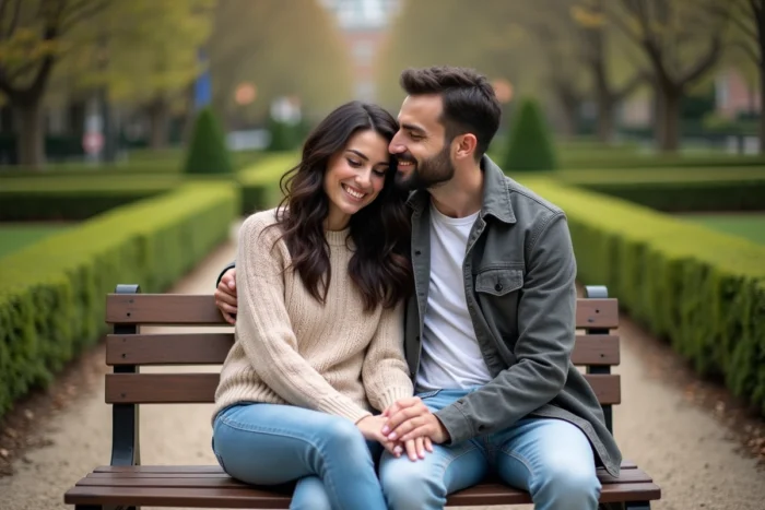 Couple assis sur un banc dans un parc urbain, portrait naturel et complice illustrant la vie de Caroline Munoz et son compagnon