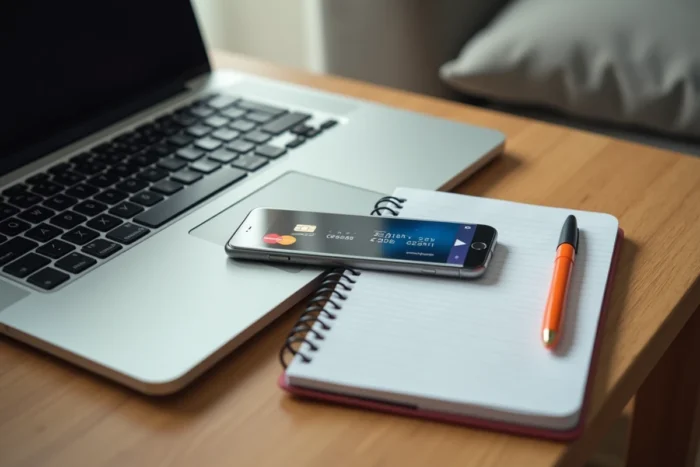 Vue en plongée d'une table avec carte bancaire, smartphone affichant PayPal bloqué et notes manuscrites