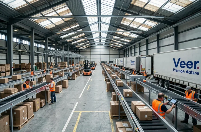 Centre de tri logistique français avec convoyeurs automatisés et employés en gilets de sécurité dans un entrepôt industriel