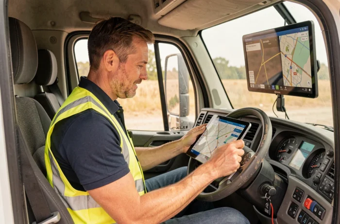 Chauffeur routier professionnel consultant un planificateur de trajets numérique dans la cabine d'un camion moderne