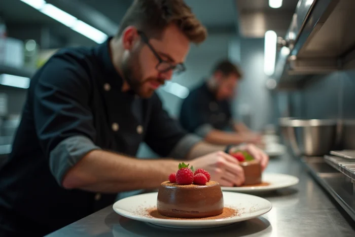 Chef cuisinier en veste sombre dressant un dessert au chocolat et framboises dans une cuisine de restaurant moderne