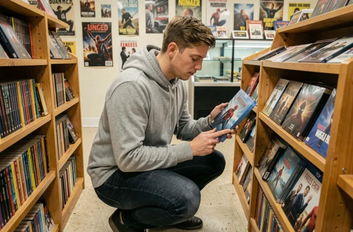 Jeune homme choisissant un film Spider-Man dans un rayon de DVD dans une boutique vidéo indépendante