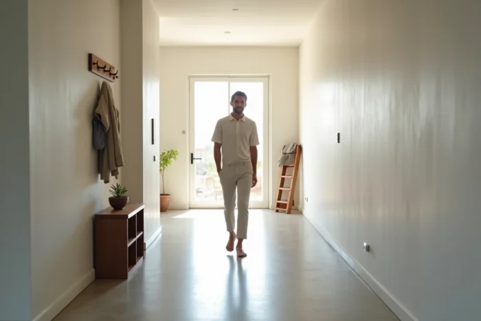 Couloir dégagé et circulation fluide dans un intérieur contemporain avec sol en béton et mobilier minimal