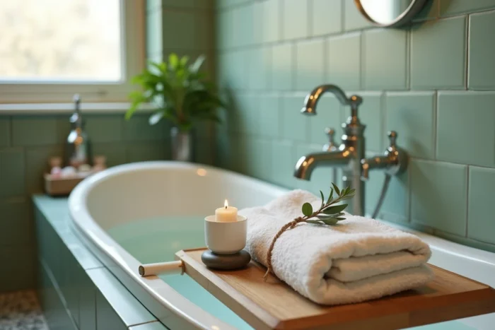 Coin mini-spa dans une salle de bain avec plateau de bain en bois, bougie céramique et branche d'eucalyptus