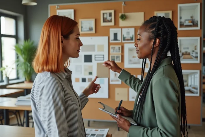 Deux femmes collaborant sur un tableau d'inspiration en décoration intérieure dans un atelier de design professionnel