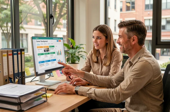 Deux collègues du personnel académique collaborant devant un tableau de bord de développement professionnel sur l'intranet de l'académie d'Amiens