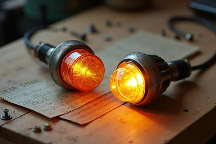 Comparaison entre un ancien clignotant moto vintage et un clignotant LED moderne sur un établi