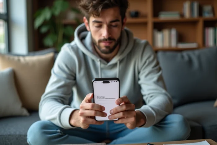 Jeune homme configurant une adresse email personnalisée Akeo sur son smartphone depuis son salon