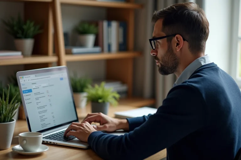 Homme configurant sa messagerie avec une adresse email personnalisée sur un ordinateur portable dans un bureau à domicile moderne