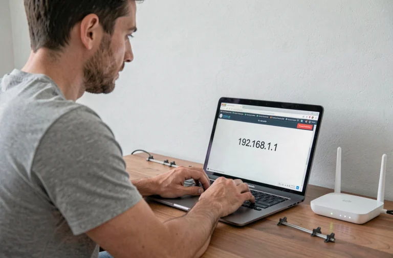 Homme configurant sa box Internet en accédant à l'interface 192.168.1.1 depuis un ordinateur portable