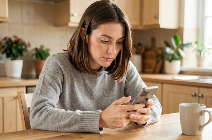 Femme consultant son compte Mon Proxima sur smartphone dans une cuisine moderne