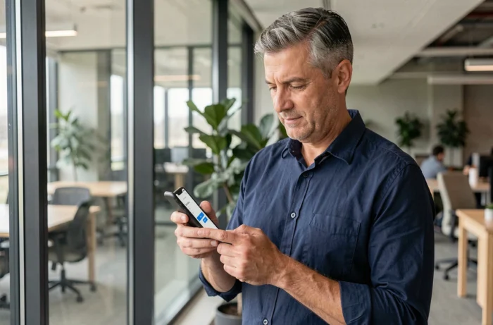 Homme se connectant à son espace client Mon Proxima depuis son téléphone au bureau