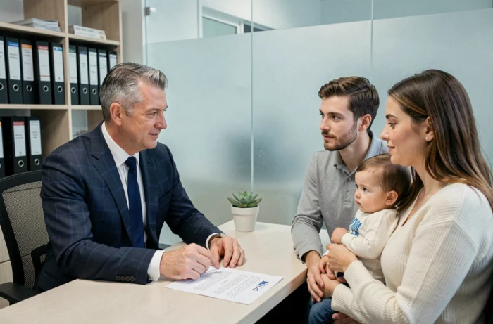 Conseiller en assurance présentant un contrat à une jeune famille dans un bureau professionnel