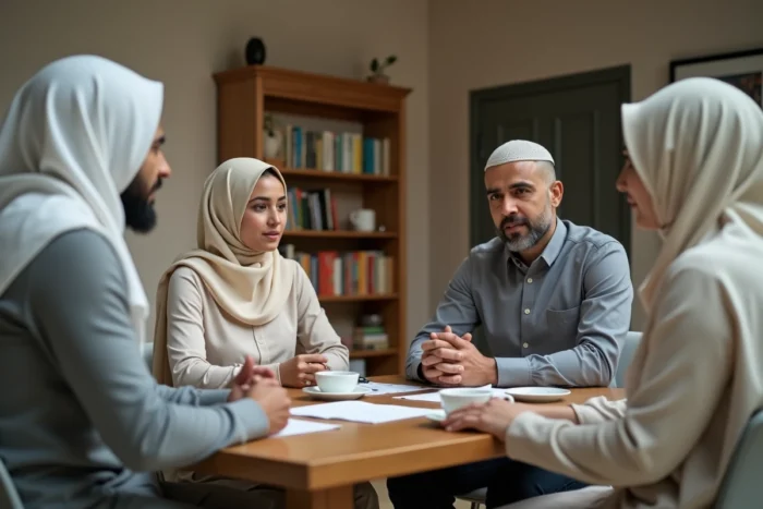 Couple musulman en consultation avec un imam pour organiser un mariage religieux, discutant des modalités et du coût de la cérémonie