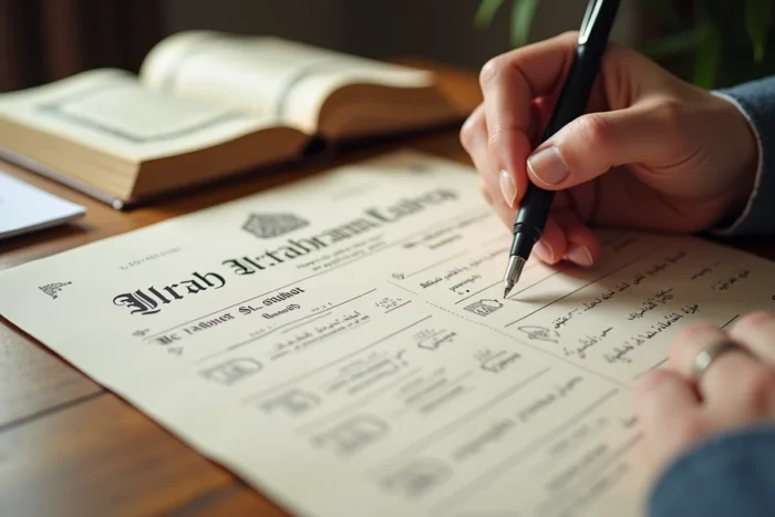 Contrat de mariage islamique nikah avec stylo et Coran sur une table en bois, représentant les démarches administratives du mariage religieux