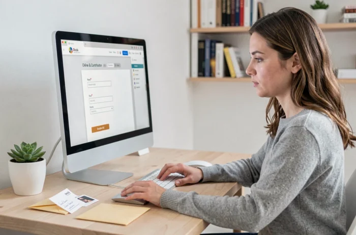 Femme contribuant à une cagnotte en ligne pour financer un voyage de noce
