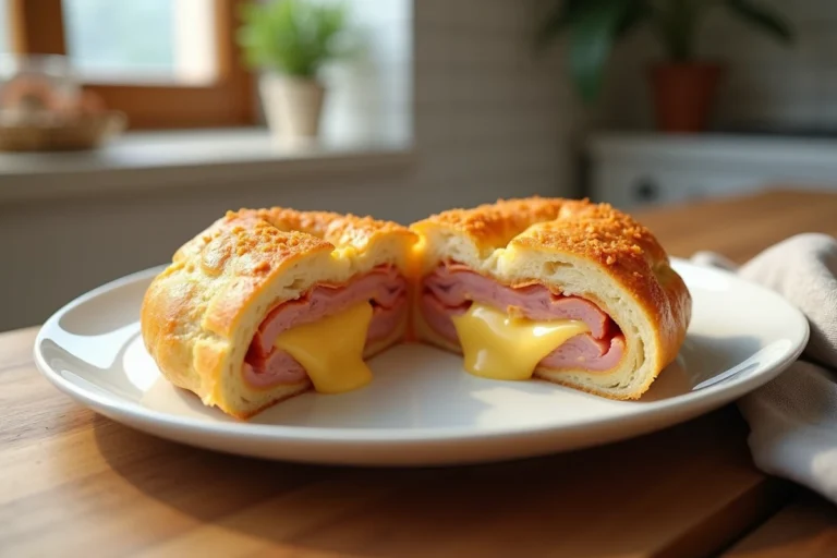 Cordon bleu cuit au micro-ondes tranché sur une assiette blanche révélant le fromage fondu et le jambon