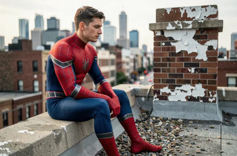 Jeune homme en costume Spider-Man assis sur un toit urbain en béton, regardant la ville en contrebas