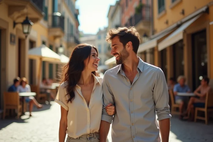 Portrait d'un couple complice se promenant dans une rue pavée européenne, ambiance naturelle et chaleureuse