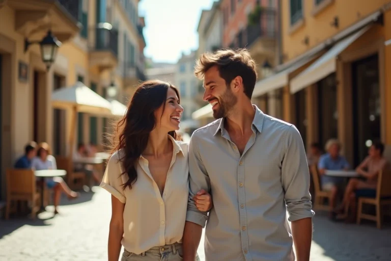 Portrait d'un couple complice se promenant dans une rue pavée européenne, ambiance naturelle et chaleureuse