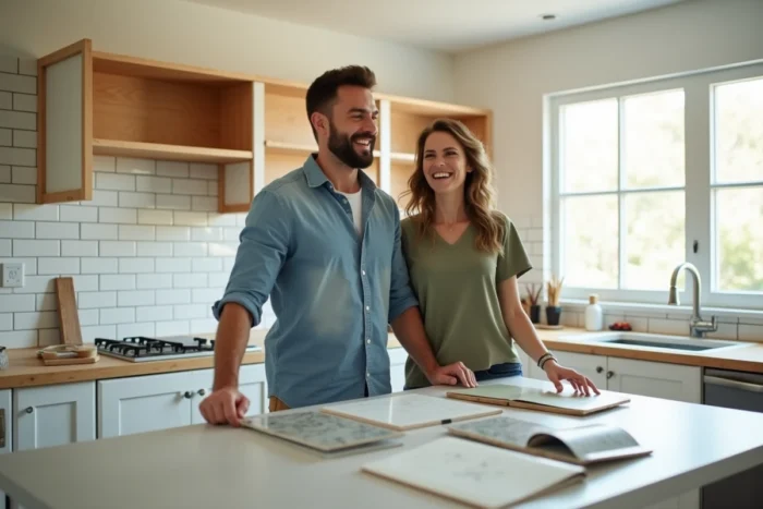 Couple choisissant des matériaux de cuisine lors d'un projet de rénovation à domicile
