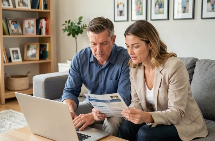 Couple en train de comparer des offres d'assurance sur un ordinateur portable dans leur salon moderne