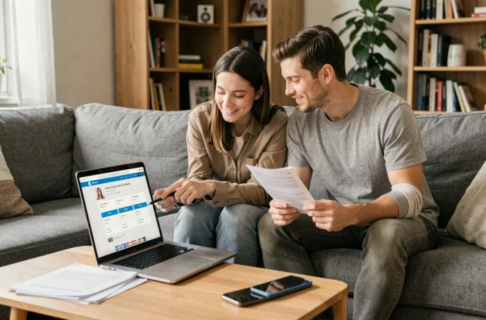 Couple comparant les offres de mutuelle santé MGC sur un ordinateur portable à la maison