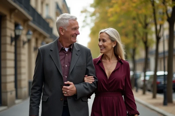 Couple élégant se promenant sur un boulevard parisien arboré, évoquant la vie privée et la complicité d'un homme public et de son épouse