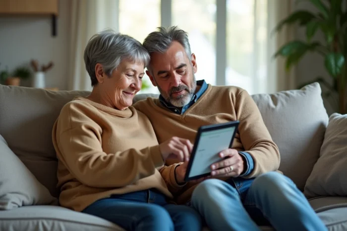 Couple consultant ensemble un service d'état civil en ligne sur une tablette dans leur salon