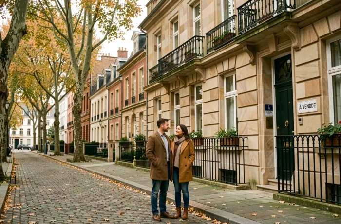 Jeune couple devant une maison à vendre dans un quartier résidentiel typique du Luxembourg en automne