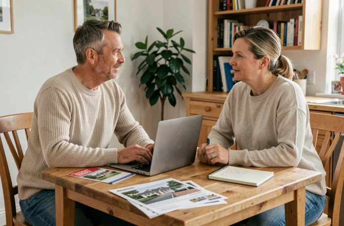 Couple étudiant des opportunités d'investissement immobilier autour d'une table avec des brochures et un ordinateur portable